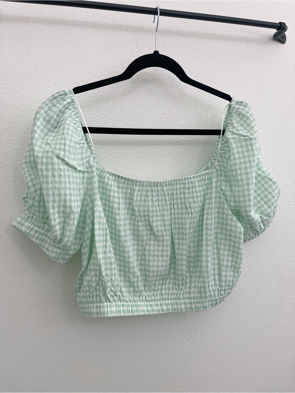 NWT 🏷️ Elodie by Anthropologie Mint Gingham Square-Neck Puff Sleeve Crop Top - Picture 4 of 6